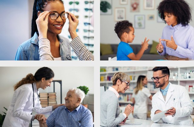 Four images in a grid layout of doctors helping patients ranging in all ages